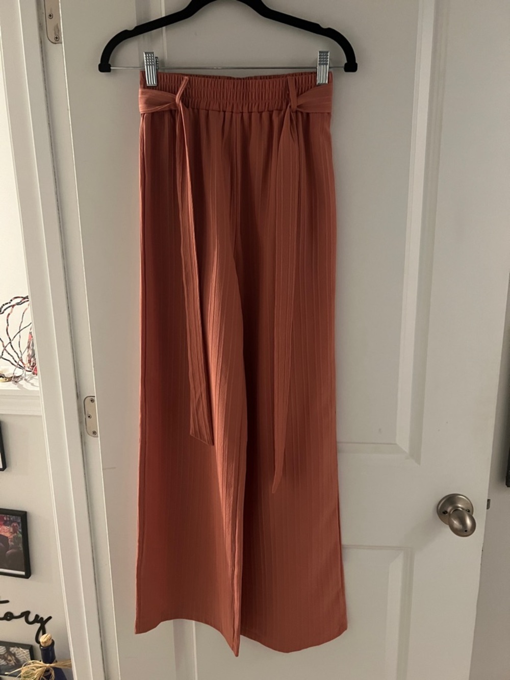SHEIN Rust-Orange Wide Leg Pleated Belted Pants